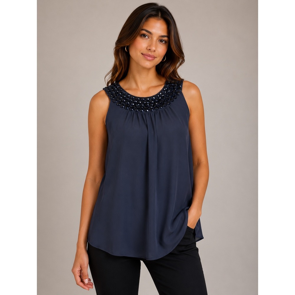 She's Cool- Gray and Black Beaded Jewel Neck Sleeveless Rayon Blouse Small